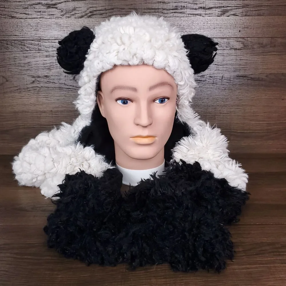 Panda Bear Plush Fur Cowl‎ Hooded Infinity Scarf Snood 3D Ears Black White New